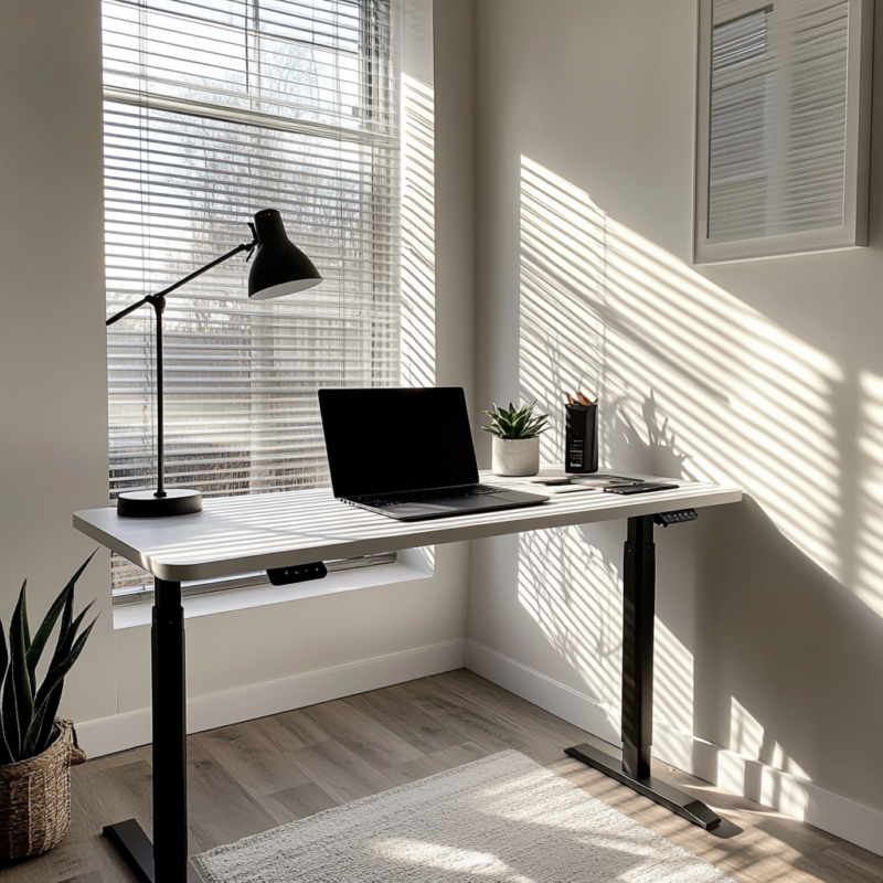 bureau assis debout avec plateau blanc et pied noir dans un décor minimaliste