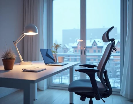 bureau assis debout et chaise ergonomique avec lumière tamisée