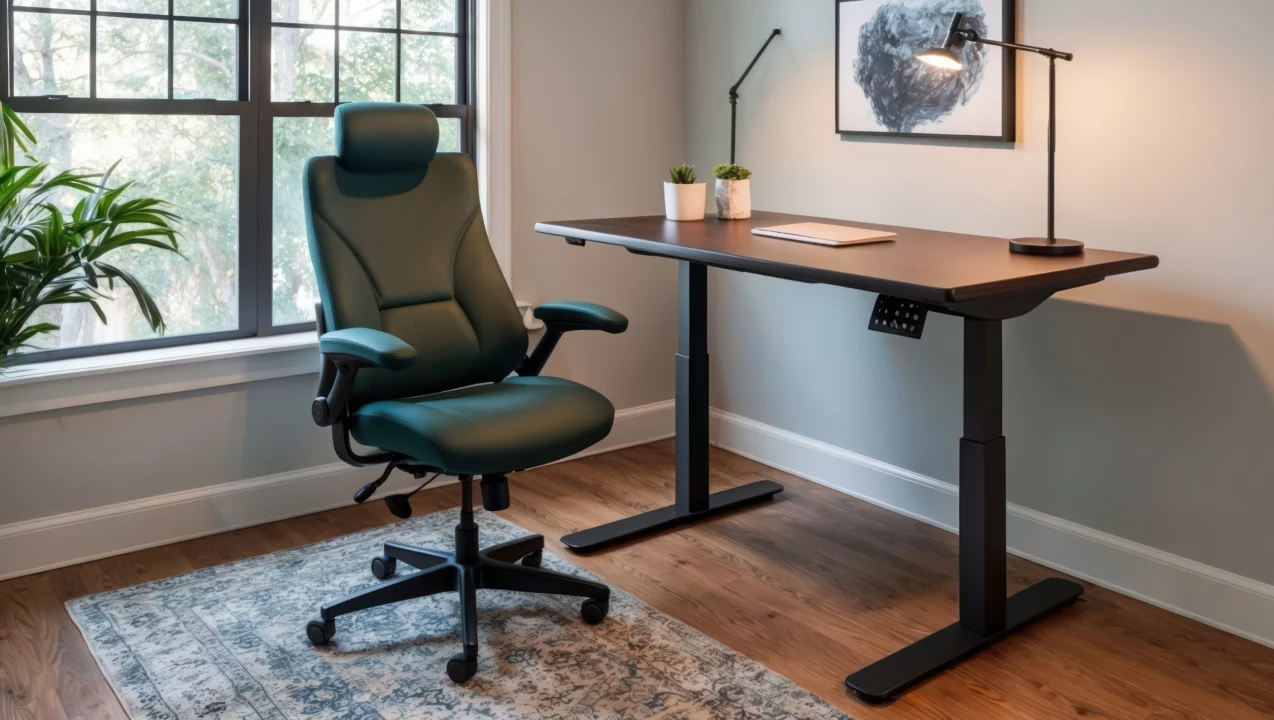 chaise de bureau ergonomique et un bureau assis debout dans un espace de travail minimaliste