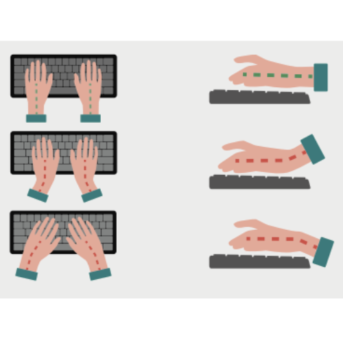 quelle est la position recommandée pour travailler sur un clavier , vue du dessus et de côté