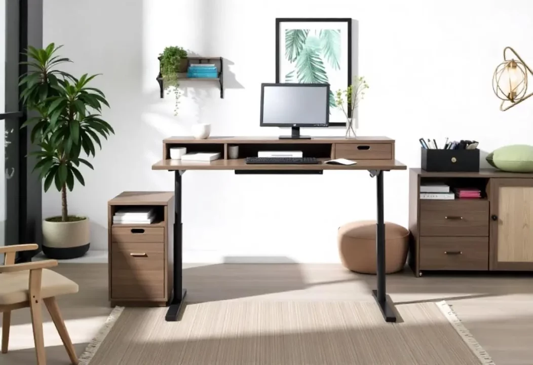 bureau assis debout dans un décor minimaliste avec des rangements mobiles