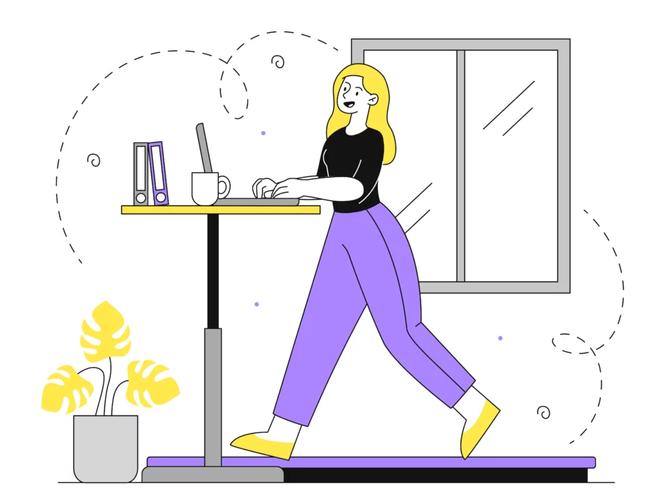 une femme qui travaille debout au bureau avec un tapis de marche